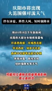 慶陽(yáng)市將出現(xiàn)大范圍強(qiáng)對(duì)流天氣，伴有冰雹、陣性大風(fēng)、短時(shí)強(qiáng)降水