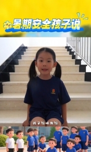 暑假安全孩子說：下雨天路滑，走路慢慢走！