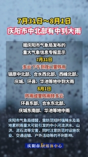 注意防范不利影響！7月31日～8月1日慶陽市中北部有中到大雨
