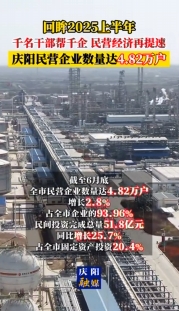 【回眸2025上半年】慶陽市上半年民營企業(yè)數(shù)量達4.82萬戶、增長2.8%，占全市企業(yè)的93.96%；民間投資完成總量51.8億元、同比增長25.7%，占全市固定資產(chǎn)投資 20.4%